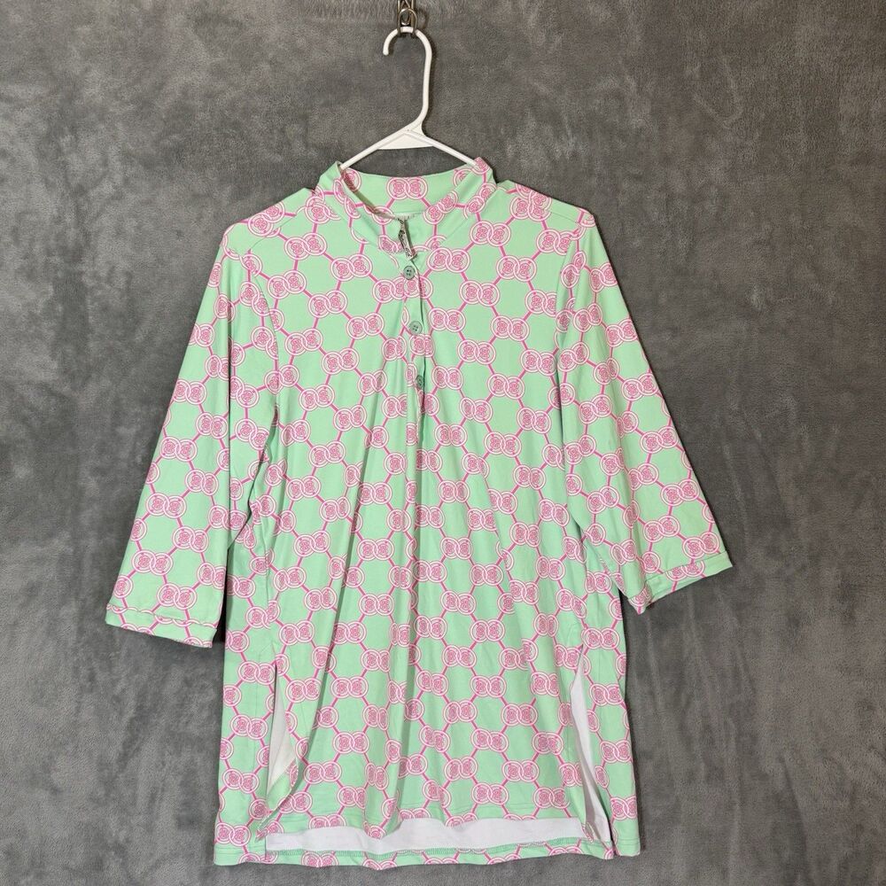 Lulu B Top Mint Green Pink Geometric Print  L Resort 3/4 Sleeve Split Hem Tunic